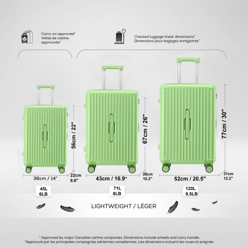 WINGOMART 3-Piece Luggage Set Lightweight Durable PC+ABS Hardshell, Double Spinner Wheels, TSA Lock - 22in/26IN/30in- GREEN