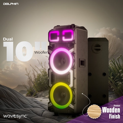 Dolphin SP-3210RBT 100W Dual 10” Portable Bluetooth Speaker with LED Party Lights and X-BASS