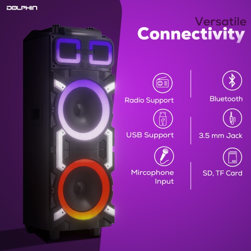 Dolphin SP-3210RBT 100W Dual 10” Portable Bluetooth Speaker with LED Party Lights and X-BASS