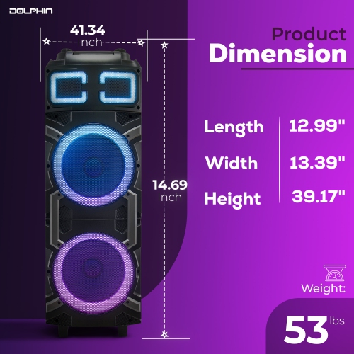 Dolphin SP-3210RBT 100W Dual 10” Portable Bluetooth Speaker with LED Party Lights and X-BASS