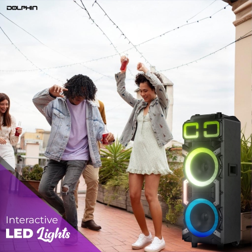 Dolphin SP-3210RBT 100W Dual 10” Portable Bluetooth Speaker with LED Party Lights and X-BASS