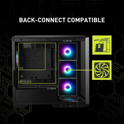 MSI MAG PANO 120R PZ - ATX Mid-Tower Gaming PC Case - 270-degree Tempered Glass Panel - Liquid Cooling Support up to 360mm Radiator - Pre-Installed 7