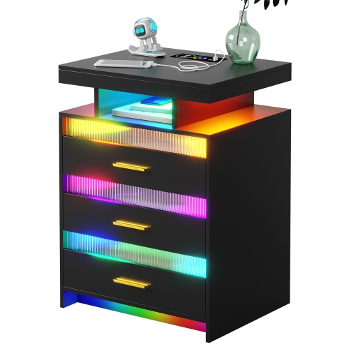 Image 1 de 9.. Table de chevet Vlsrka RGB LED avec station de recharge sans fil, table de chevet moderne à 3 tiroirs et dessus en verre, bureau intelligent avec