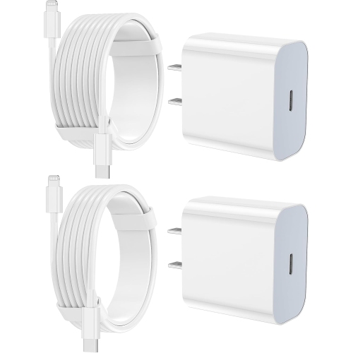 Image 1 de 4.. Chargeur pour iPhone, chargeur Apple,[certifié MFi Apple]Bloc chargeur mural type C Apple, paq. 2, 2 [6 pi et 10 pi] long