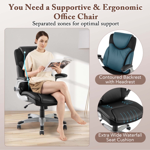 Costway Ergonomic Office Chair PU Leather Executive Swivel with Flip-up Armrests