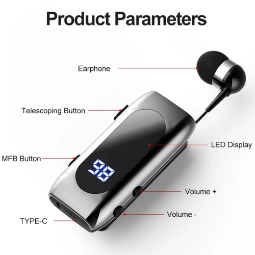 Lavalier Business Bluetooth Headphone ,Led Digital Display,noise Cancelling Mic Retractable Wireless Earphones