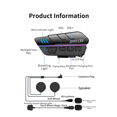 Casque de moto Casque Bluetooth, casque Breathing Light Bluetooth, casque Bluetooth, casque 2-EN-1 Mic CVC sans fil Moto pour casques