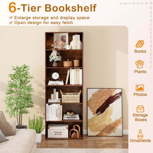 Costway 70" Tall 6-Tier Bookcase with 6 Open Shelves Anti-Toppling Kits for Living Room