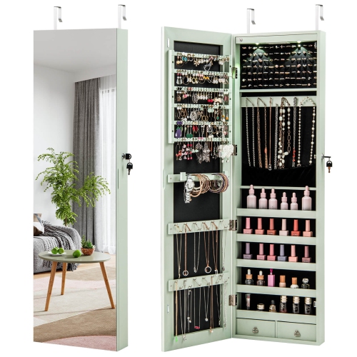 Costway Mirrored Wall & Door Mounted Jewelry Cabinet Storage Organizer with Lights & Drawer