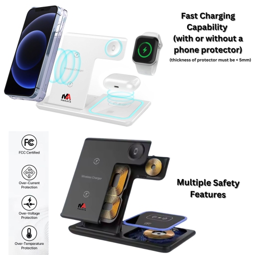Station de recharge rapide sans fil 4-en-1 MAKATA Support pliable et réglable Compatible avec Apple Samsun, téléphones Huawei Montres intelligentes