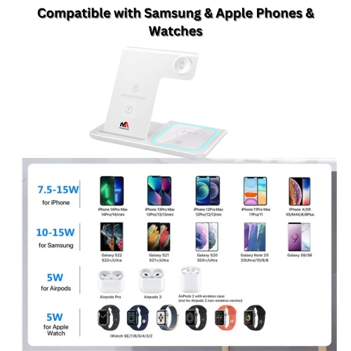 Station de recharge rapide sans fil 4-en-1 MAKATA Support pliable et réglable Compatible avec Apple Samsun, téléphones Huawei Montres intelligentes