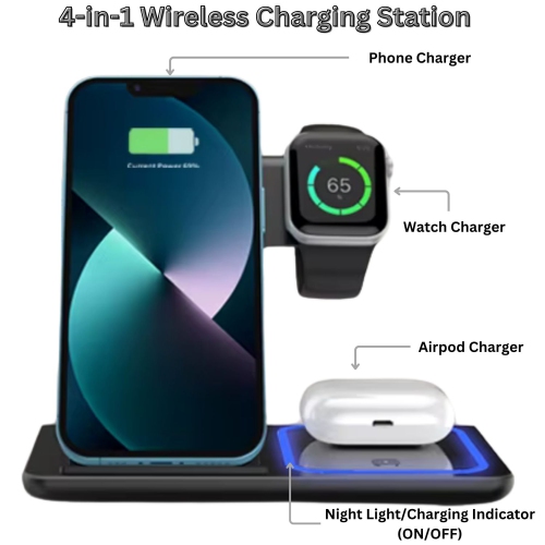 MAKATA 4-in-1 Wireless Charger Foldable Fast-Charging Station Compatible with Apple Samsung Phones Smart watches and Airpods for Home and Office