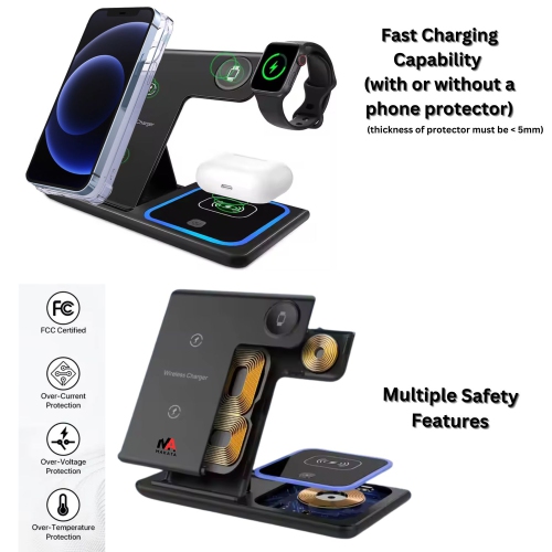 MAKATA 4-in-1 Wireless Charger Foldable Fast-Charging Station Compatible with Apple Samsung Phones Smart watches and Airpods for Home and Office