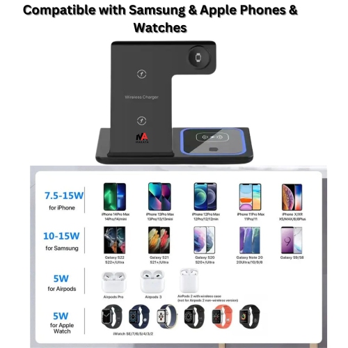 MAKATA 4-in-1 Wireless Charger Foldable Fast-Charging Station Compatible with Apple Samsung Phones Smart watches and Airpods for Home and Office