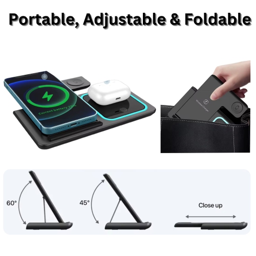 MAKATA 4-in-1 Wireless Charger Foldable Fast-Charging Station Compatible with Apple Samsung Phones Smart watches and Airpods for Home and Office