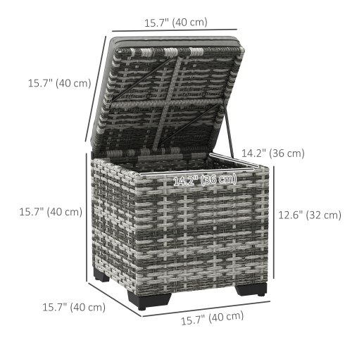 Outsunny Set of 2 Wicker Ottoman, Outdoor Footstool with Storage & Removable Cushions, Patio Ottoman Set for Poolside, Patio, Deck, Grey