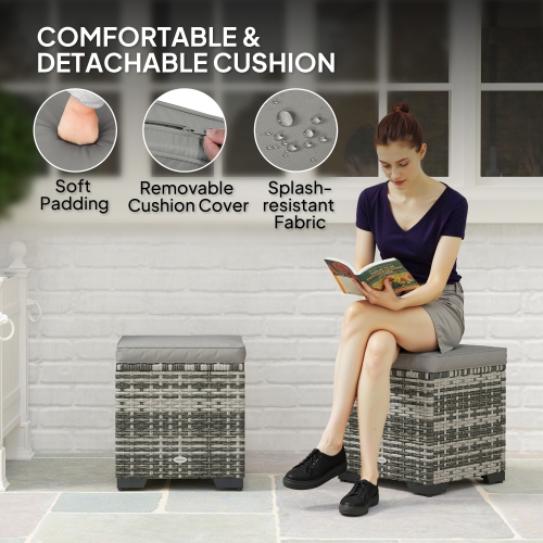 Outsunny Set of 2 Wicker Ottoman, Outdoor Footstool with Storage & Removable Cushions, Patio Ottoman Set for Poolside, Patio, Deck, Grey