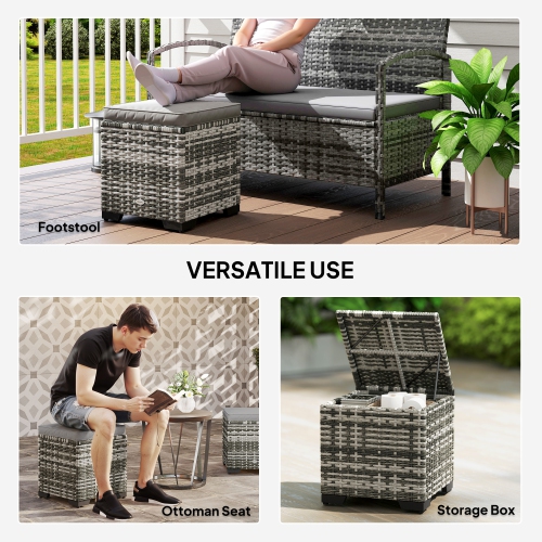 Outsunny Set of 2 Wicker Ottoman, Outdoor Footstool with Storage & Removable Cushions, Patio Ottoman Set for Poolside, Patio, Deck, Grey