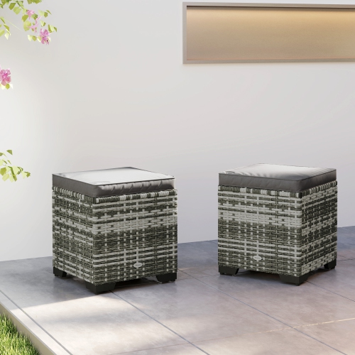 Outsunny Set of 2 Wicker Ottoman, Outdoor Footstool with Storage & Removable Cushions, Patio Ottoman Set for Poolside, Patio, Deck, Grey