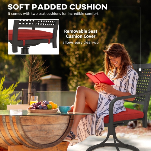 Outsunny 2 Pieces Patio Swivel Chairs with Cushion, Outdoor Swivel Rocker with Curved Armrests, Backrest for Garden, Balcony, Porch, Red