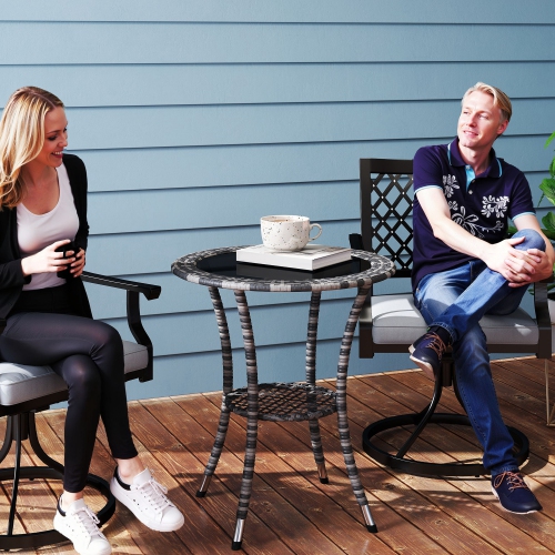 Outsunny 25" Outdoor Wicker Dining Table, Rattan Patio Round Coffee Table with 2-Tier Storage Shelf, Metal Frame Side Table with Tempered Glass Top,