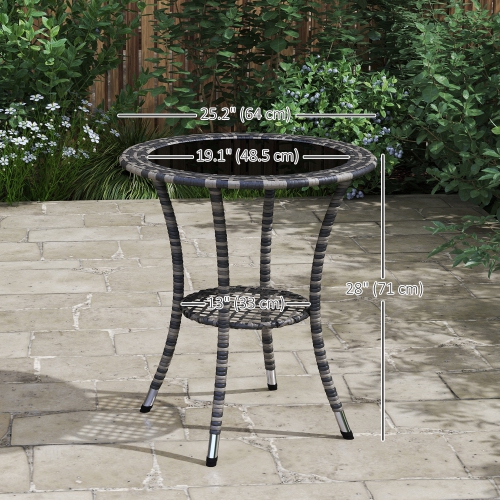 Outsunny 25" Outdoor Wicker Dining Table, Rattan Patio Round Coffee Table with 2-Tier Storage Shelf, Metal Frame Side Table with Tempered Glass Top,