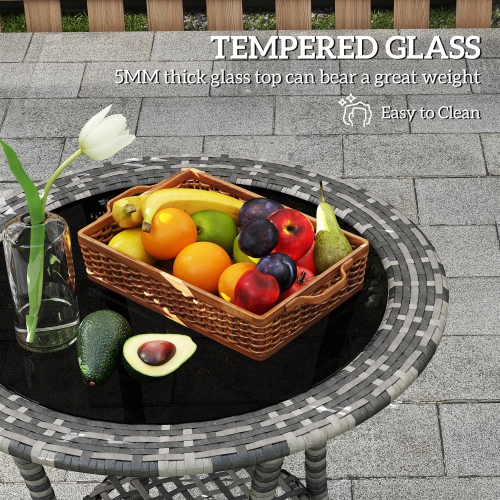 Outsunny 25" Outdoor Wicker Dining Table, Rattan Patio Round Coffee Table with 2-Tier Storage Shelf, Metal Frame Side Table with Tempered Glass Top,