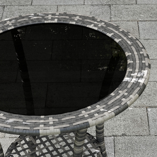 Outsunny 25" Outdoor Wicker Dining Table, Rattan Patio Round Coffee Table with 2-Tier Storage Shelf, Metal Frame Side Table with Tempered Glass Top,