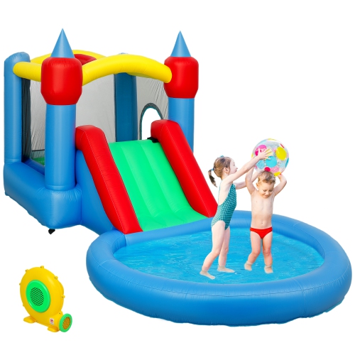 Qaba 13.6 x 6.7FT Bouncy Castle for Kids, 4 in 1 Inflatable Bounce House with Water Slide, Basketball Hoop, Ball Pit, Blower, Carry Bag, Indoor &