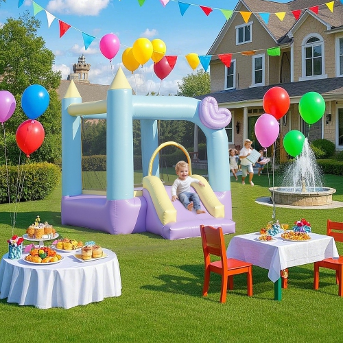 Qaba Inflatable Bounce House with 370W Blower, Bouncy Castle with Slide, Outdoor Indoor Party Wedding Playhouse Bouncer for Kids Ages 3-8, 98" x 65"