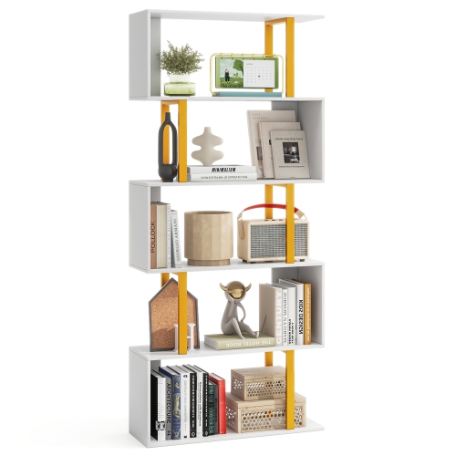 Gymax 5-Tier Geometric Bookcase 62-Inch S-Shaped Bookshelf w/ Metal Frame Gold