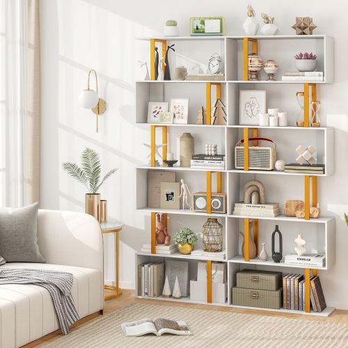Gymax 6-Tier Geometric Bookcase 74.5-Inch S-Shaped Bookshelf w/ Metal Frame Gold