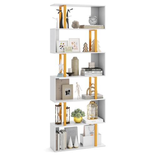 Gymax 6-Tier Geometric Bookcase 74.5-Inch S-Shaped Bookshelf w/ Metal Frame Gold