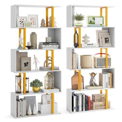 GYMAX  2 PCs 5-Tier Geometric Bookcase 62-Inch S-Shaped Bookshelf W/ Metal Frame In Gold