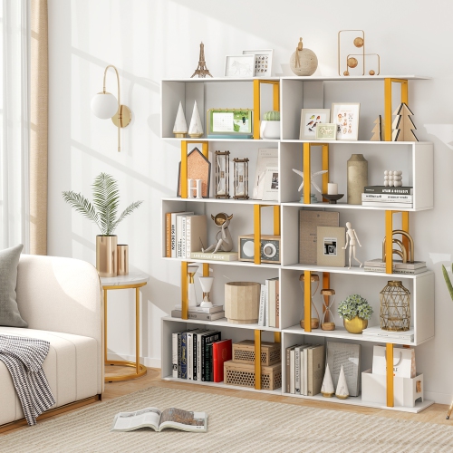 Gymax 2 PCS 5-Tier Geometric Bookcase 62-Inch S-Shaped Bookshelf w/ Metal Frame Gold