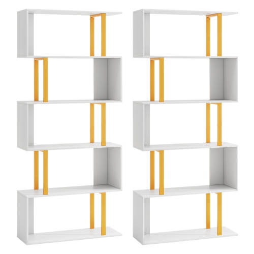Gymax 2 PCS 5-Tier Geometric Bookcase 62-Inch S-Shaped Bookshelf w/ Metal Frame Gold