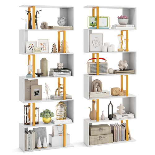GYMAX  2 PCs 6-Tier Geometric Bookcase 74.5-Inch S-Shaped Bookshelf W/ Metal Frame In Gold