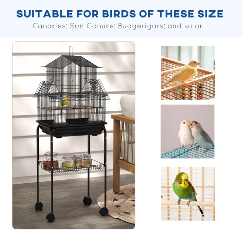 PawHut 48" Bird Cage for Finches, Canaries, Budgies, Indoor Parrot Cage with Perch, Swing, Food Container, Slide-out Tray, Handle, Stand, Bottom