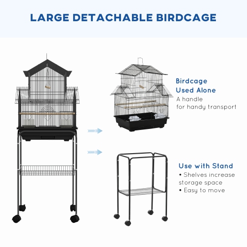 PawHut 48" Bird Cage for Finches, Canaries, Budgies, Indoor Parrot Cage with Perch, Swing, Food Container, Slide-out Tray, Handle, Stand, Bottom