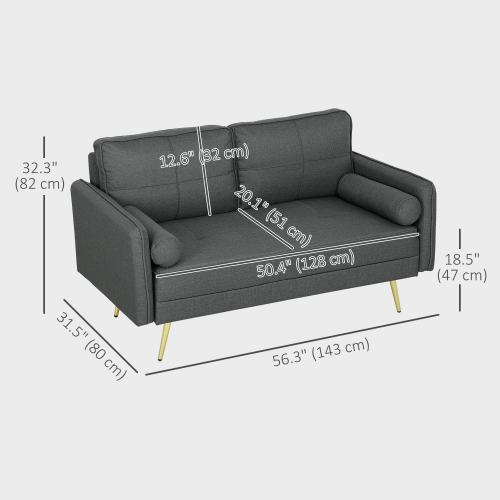 HOMCOM 56" Loveseat Sofa with Back Cushions and Pillows, Modern Love Seats Furniture, Upholstered 2 Seater Couch with Solid Wood Frame and Steel Legs