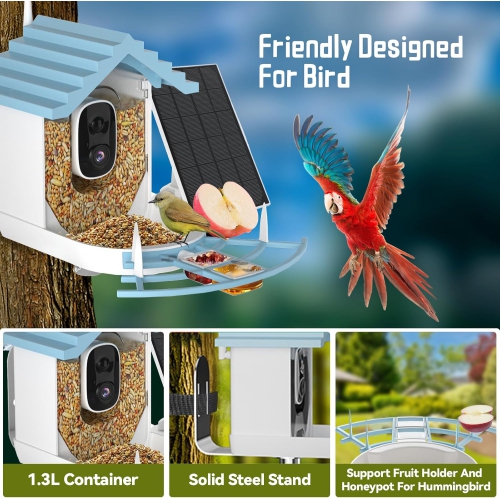 Smart Bird Feeder with Camera,AI Bird Species Recognition,HD Real-Time Video & Motion Detection,WiFi Camera with Solar Panel