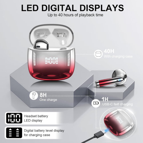 Kicoeon Wireless Earbuds, 2025 Bluetooth 5.4 Headphones with 4 ENC Mic, HiFi Stereo Bluetooth Earbuds, 48H Wireless Headphones Dual LED Display, IPX7