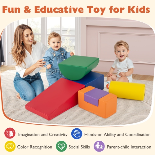 Gymax 6 PCS Kids Climber Play Set Indoor Foam Climb & Crawl Activity Blocks w/ Cover