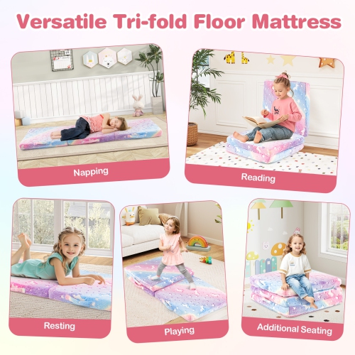 Gymax Foldable Floor Mattress for Kids Glow in the Dark Toddler Nap Mat Tri-Folding