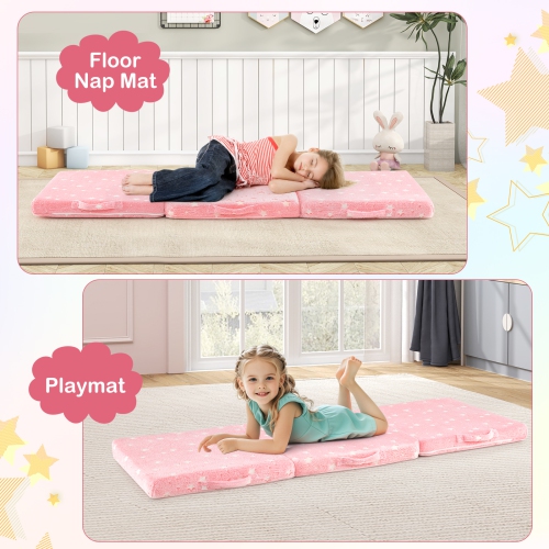 Gymax Foldable Floor Mattress for Kids Glow in the Dark Toddler Nap Mat Tri-Folding