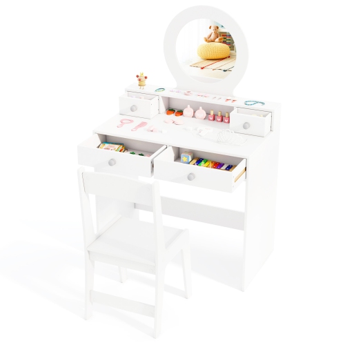 Gymax Kids Vanity Set Desk & Chair Set w/ Mirror Open Shelf & 4 Storage Drawers