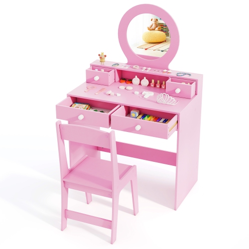 Gymax Kids Vanity Set Desk & Chair Set w/ Mirror Open Shelf & 4 Storage Drawers