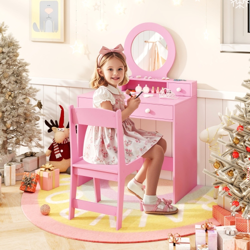 Gymax Kids Vanity Set Desk & Chair Set w/ Mirror Open Shelf & 4 Storage Drawers