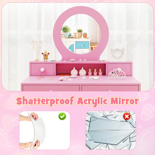 Gymax Kids Vanity Set Desk & Chair Set w/ Mirror Open Shelf & 4 Storage Drawers