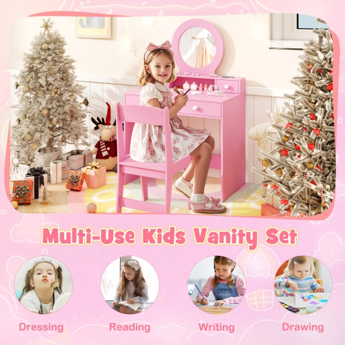 Gymax Kids Vanity Set Desk & Chair Set w/ Mirror Open Shelf & 4 Storage Drawers
